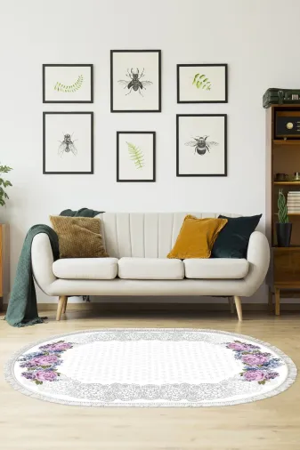 Alanur Home 900625-P-S-Oval Alanur Star Pamuk Tabanlı Saçaklı Dijital Halı Oval Mürdüm