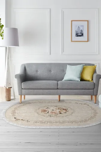 Alanur Home 900632-P-S-Oval Kahverengi Oval Pamuk Tabanlı Saçaklı Dijital Halı