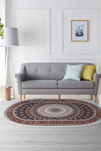 Alanur Home 900643-P-S-Oval Alanur Star Pamuk Tabanlı Saçaklı Dijital Halı Oval Kahve