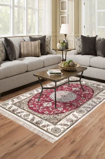 Alanur Home 900647-P-S Alanur Star Pamuk Tabanlı Saçaklı Dijital Halı Bordo