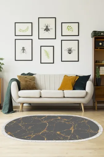 Alanur Home 900699-P-S-Oval Altın Renk Star Pamuk Tabanlı Saçaklı Dijital Halı