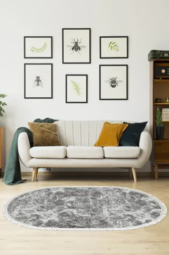 Alanur Home 900702-P-S-Oval Alanur Star Pamuk Tabanlı Saçaklı Dijital Oval Gri Halı