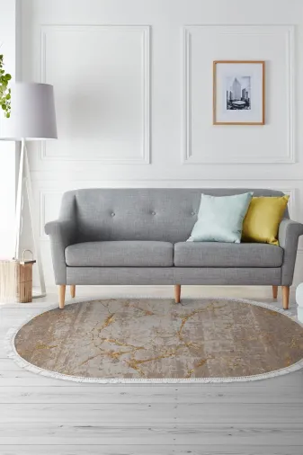 Alanur Home 900704-P-S-Oval Alanur Star Pamuk Tabanlı Saçaklı Dijital Halı Oval Bej