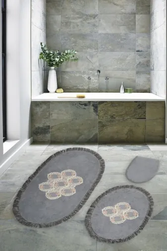 Alanur Home Akasya Saçaklı Welsoft Dantelli 3'lü Banyo Klozet Takımı Gri
