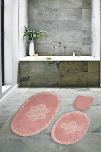 Alanur Home Akasya Saçaklı Welsoft Dantelli 3'lü Banyo Klozet Takımı Pudra