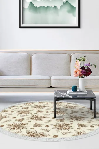 Alanur Home AL5008-sckl-k-hali Kaymaz Dijital Mutfak & Salon Halı Trend Saçaklı Yuvarlak Vintage Al5008 Bej
