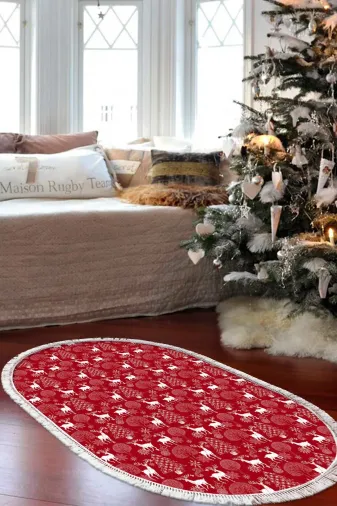 Alanur Home CHR3M-K-S-Oval Yılbaşına Özel Keçe Dijital Yıkanabilir Oval Halı Chr3M Kırmızı