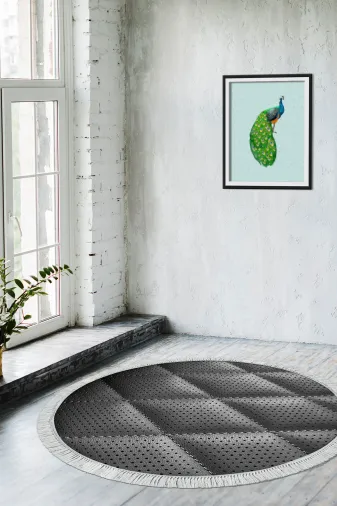 Alanur Home E5013-sckl-k-hali-yuvarlak Kaymaz Dijital Mutfak & Salon Halı Trend Saçaklı Yuvarlak Geometrik E5013 Siyah