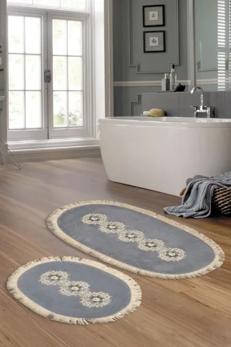 Alanur Home Eyfel Saçaklı Welsoft Dantelli 2'li Banyo Klozet Takımı Gri