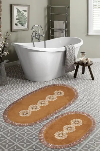 Alanur Home Eyfel Saçaklı Welsoft Dantelli 2'li Banyo Klozet Takımı Açık Kahve