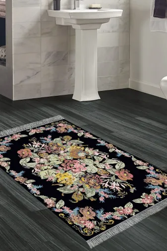 Alanur Home F5022-Trend-Banyo Eko Trend Djt Banyo Paspası Yıkanabilir Kaymaz Taban F5022 Etnik Siyah