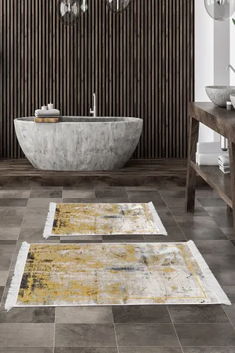 Alanur Home M12271-eko-klozet-K-S Eko Trend Djt 2 Li Yıkanabilir Kaymaz Taban Banyo Paspas M12271 Modern Hardal (60 X 100 - 50 X 60)
