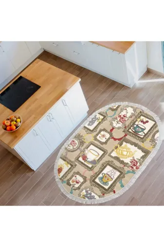 Alanur Home Mu100-K-S-Oval-Kahve Alanur Trend Keçe Tabanlı Saçaklı Oval Mutfak Halı Mu100 Kahve
