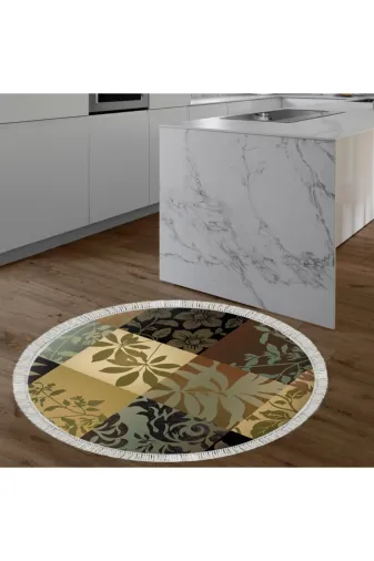 Alanur Home Mu178-K-S-Yuvarlak-Kahve Alanur Trend Keçe Tabanlı Saçaklı Yuvarlak Mutfak Halı Mu178 Kahve