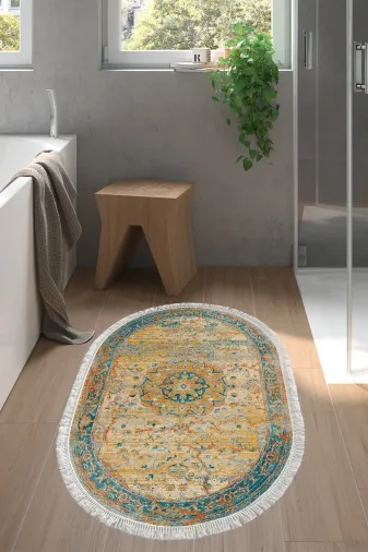 Alanur Home P1356-Trend-Banyo-Oval Eko Trend Djt Banyo Paspası Yıkanabilir Kaymaz Taban P1356 Oval Vintage Turkuaz