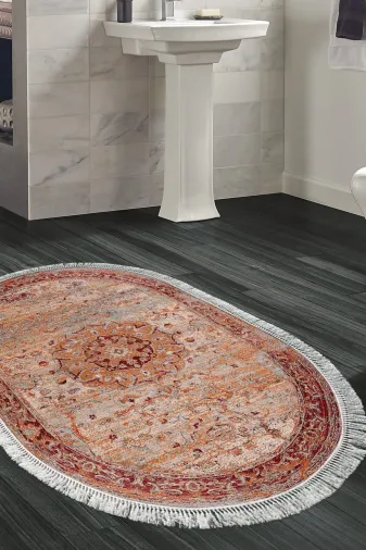 Alanur Home P1356-Trend-Banyo-Oval Eko Trend Djt Banyo Paspası Yıkanabilir Kaymaz Taban P1356 Oval Vintage Kırmızı