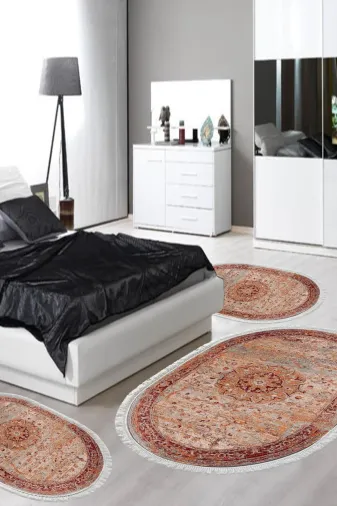 Alanur Home P1356-yatak-3-pcs-oval-K-S-Oval Eko Trend Djt Yıkanabilir Kaymaz Taban Oval 3 Lü Yatak Odası Takımı P1356 Vintage Kırmızı