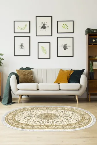Alanur Home P1360-Trend-Oval Eko Trend Djt Halı Yıkanabilir Kaymaz Taban P1360 Oval Osmanlı Krem