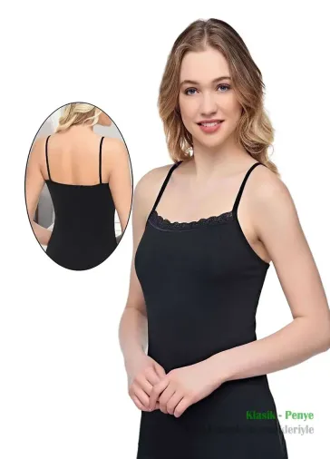 Alışveriş Meydanı Kadın Siyah İnce Askılı Likralı Dantelli Atlet - Renk: Siyah - Beden: 2XL