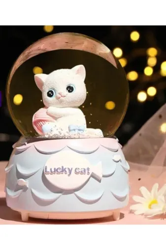 ALPHOM67 Sevimli Minnoş Kedi Lucky Cat Kar Küresi Orta Boy Hediye Işıklı Müzikli Kar Küresi Alphom