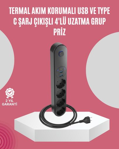 Alphone TKNUCZZZ3402PRİZ-3MKR Led Anahtarlı Akım Korumalı Çoklu Priz 4 Priz 3 Usb Girişli 0