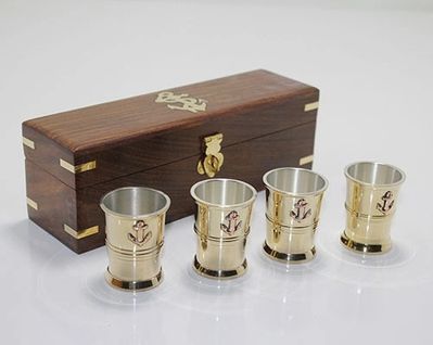 alsepeteavm TrLat0KH002K-4288B-BLNCC Ahşap Kutulu 4'lü Pirinç Shot Bardak Seti 4288B