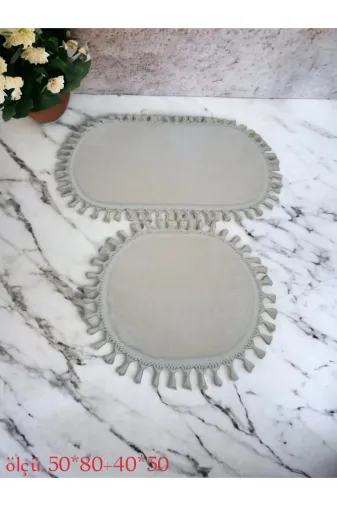 Altun altuncarpet 2Li 3Lüx Kırem Modern Simirna Dekoratif Peluş Oval Ponpon Saçaklı Klozet Takımı 50*80 40*50