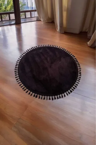 ALTUN CARPET gfytf54t6y7uj Siyah Yuvarlak Post Pelüş Ponpon Saçaklı Jel Taban Halı Kaymaz Ev Tekstil