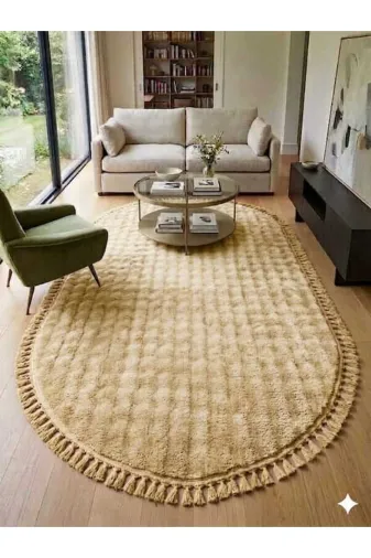ALTUN CARPET GSRTHDYFJKGIHLJO Modern Babil Sarimsi Bej Oval Ponpon Saçakli Salon Koridor Halisi Pelüş 13Ml Hav 2.2 Kalinlik