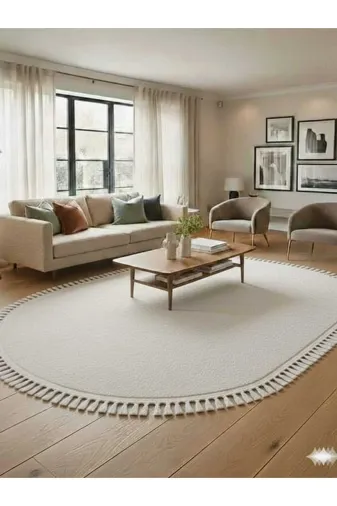 ALTUN CARPET HDJRYUIK Modern Kirem Oval Ponpon Saçakli Pelüş Hali Kaymaz Taban 12Ml Hav Yüksekliği 2Cm Kalinlik
