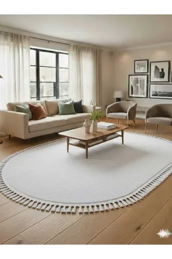 ALTUN CARPET HETRDJTYFGKHNJK Modern 300 Cm + Oval Ponpon Saçalkli Beyaz Pelüş Kaymaz Taban Hali 12Ml Hav Yüksekliği 2 Cm Kalinlik
