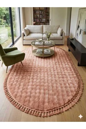 ALTUN CARPET SGFDHFGJUH Oval Modern Yavru Ağzi Pembe Pelüş Salon Koridor Halisi Kaymaz Ponpon Saçakli 13Ml Hav 2.2 Kalinlik