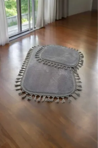 ALTUN CARPET tjgy7hj 2Li Kırem +6 Renk  Banyo Paspası Post Pelüş Kaymaz Halı Ponpon Saçaklı 60X100+50X60