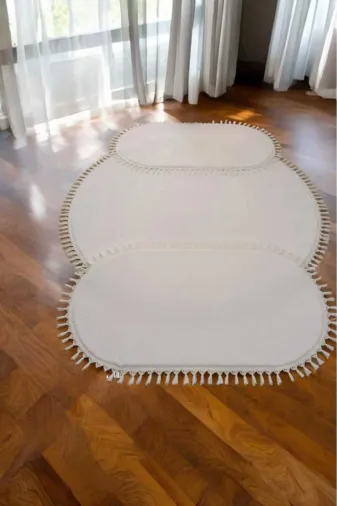 ALTUN CARPET trhdrt6y7uj Kar Beyaz Ponpon Saçaklı Pelüş Kaymaz Halı Yatak Odası Seti 1 Adet 200X200+2 Adet 75X150