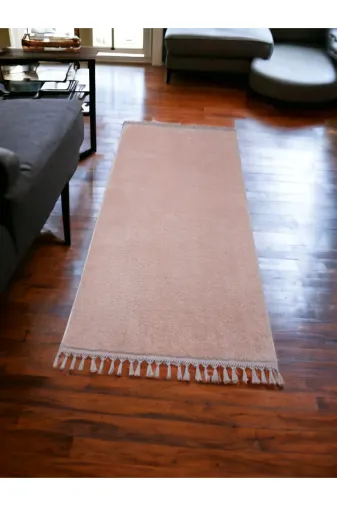 ALTUN CARPET YTUFT6GYHJ Modern Pembe Post Pelüş Ponpon Saçakli Kaymaz Hali Yolluk