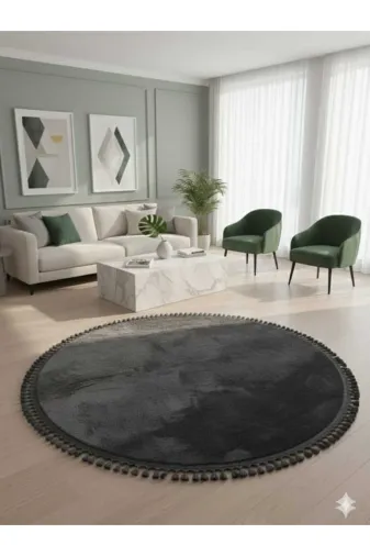 ALTUN CARPET YUVARLHUGYFTF Modern Antirasit Yuvarlak  Ponpon Saçakli Post Pelüş Kaymaz Taban Hali