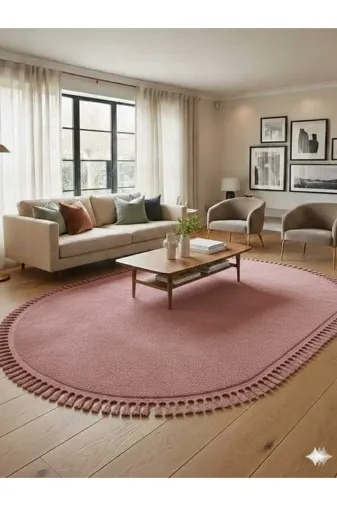 ALTUN CARPET ZDHTXFJCGHKNM Modern 300Cm+ Yavru Ağzi Pembe Oval Ponpon Saçakli Pelüş Hali Kaymaz 12Ml Hav Yülksek 2 Cm Kalin
