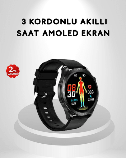 AMOLED Ekranlı Akıllı Saat – 3 Kordon Seçenekli, Suya Dayanıklı, Kalp Atış ve Uyku Takip Özellikli