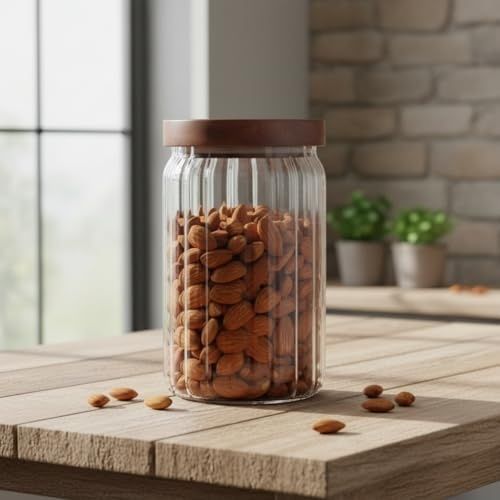 Anda 57855210125475880184975 Akasya Kapaklı Çizgili Cam Kavanoz 750 Ml Hava Geçirmez, Modern Fitilli Tasarım Gıda Saklama Kabı Bakliyat, Kahve, Çay Ve Kuruyemiş Kavanozu 9X15 Cm 7009