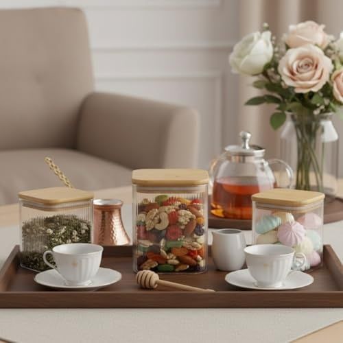Anda 57855210125495480184975 Bambu Kapaklı Kare Cam Kavanoz 350 Ml, Sızdırmaz Contalı, Şeffaf Çizgili Tasarım, Çok Amaçlı Saklama Kabı 7009