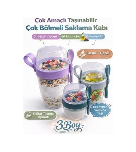 Anda 57855210125571980184975 3 Lü Set Taşınabilir Kaşık+Çatal Kapaklı Yoğurt Müsli Granola Yemek Diyet Saklama Kabı Take And Go Bardak Kahvaltı Salata Hazırla Çık 7009