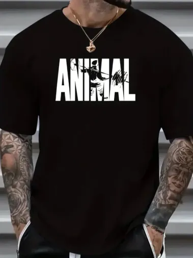 ANIMAL Desen Baskı Erkek Oversive Tişört, Grafik Tişört Erkek Yazlık Outdoor Kıyafetleri, Sporda Ve Günlük Giyime Uygun - Siyah - S - Siyah