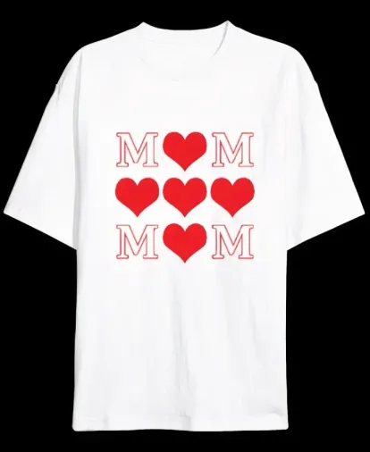 Anneler Günü Hediye MOM Kalp Baskılı Oversize Bisiklet Yaka T-shirt - Beyaz - S - Beyaz