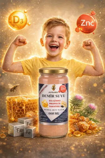 APİMED bcbcv34534 Demir Suyu 500Ml X 2Adet - Bitkisel Demir Desteği Vitamin D3 + Çinko + Propolis Takviyeli Set
