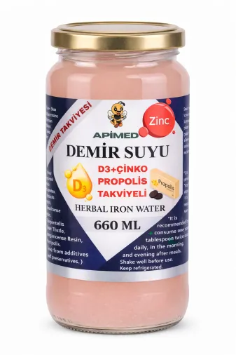 APİMED sdvgsdzf3234 Demir Suyu 660Ml - Bitkisel Demir Desteği Vitamin D3 + Çinko + Propolis Takviyeli