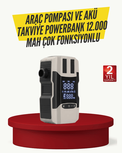 Araç Lastik Şişirme Pompası ve Akü Takviye Powerbank Bir Arada