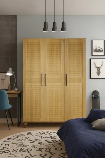 arionkids TYC7F60EF9E053A9B6A605A00 Pera Wood 3 Kapaklı Çekmeceli Dolap | Mdf Gövde | Doğal Görünümlü Panjur Kapak | Ağaç Ayaklı