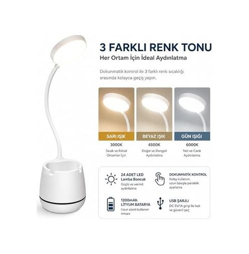 ART 57855210124242280184975 Masa Lambası Şarjlı Dokunmatik 24 Led Li, 3 Renk Modlu Ayarlanabilir Işık, Usb Şarjlı, Esnek Gövde, Modern Masa Ve Gece Lambası .