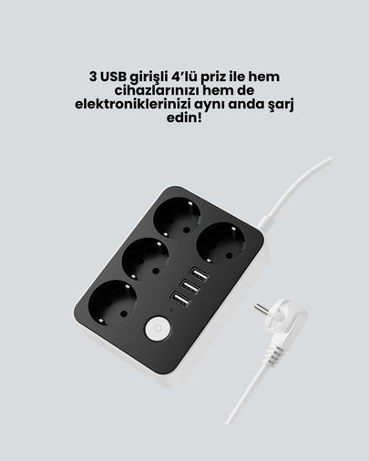 ASTRALTECH TRİTHLTUCZZZU314-BLNCCC Akım Korumalı 3 Usb Portlu 4 Lü Priz 4.1A Hızlı Şarj