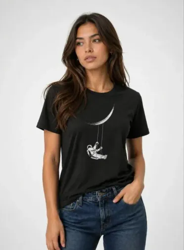 Astronot Ay Temalı Tişört Kısa Kol Yazlık Bisiklet Yaka T-Shirt - Siyah - XL - Siyah